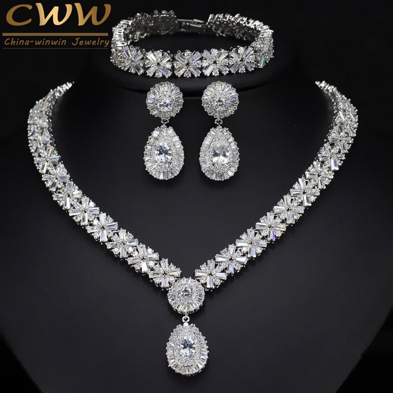 Gold Plate Cubic Zirconia Necklace Earring Bracelet Party Jewelry Set for Women