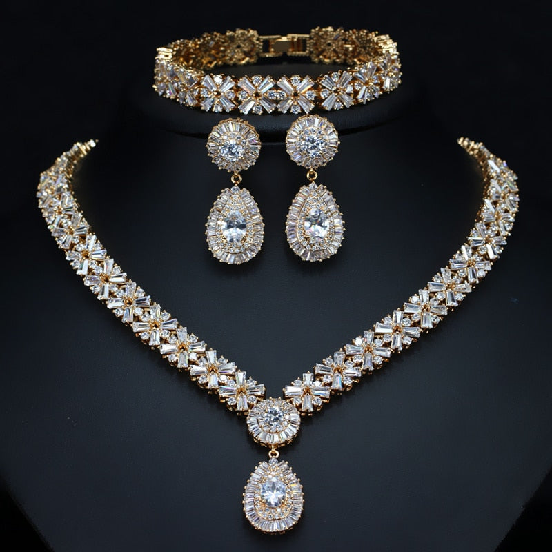 Gold Plate Cubic Zirconia Necklace Earring Bracelet Party Jewelry Set for Women