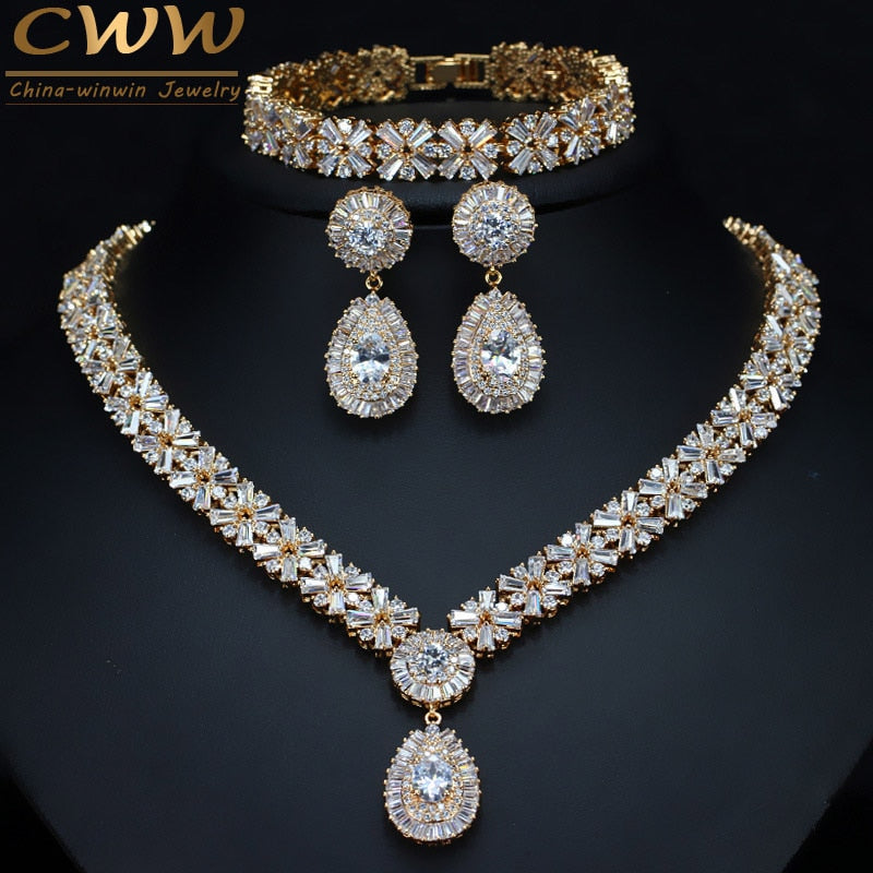 Gold Plate Cubic Zirconia Necklace Earring Bracelet Party Jewelry Set for Women