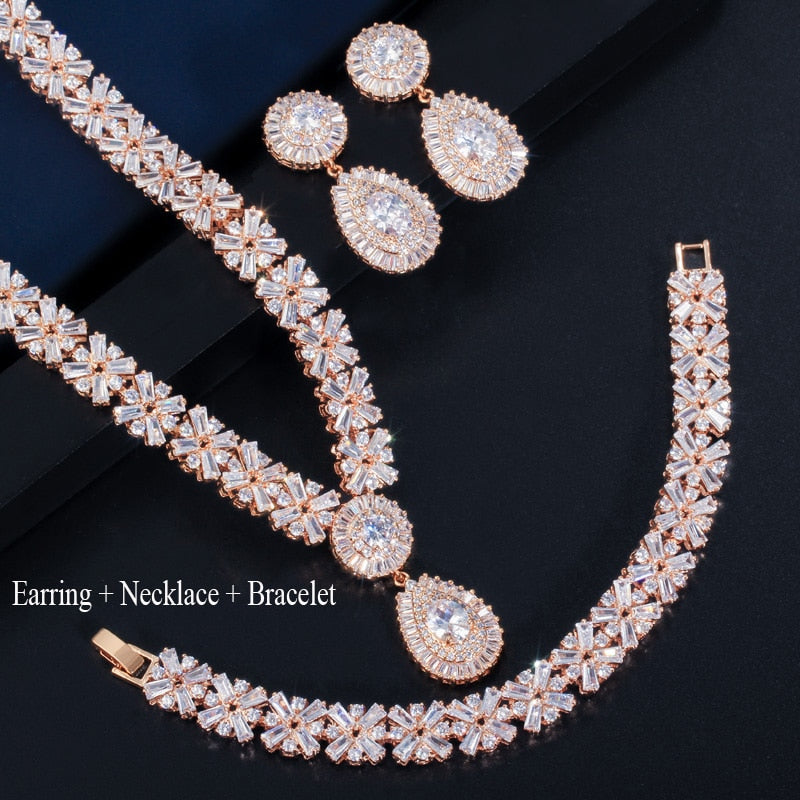 Gold Plate Cubic Zirconia Necklace Earring Bracelet Party Jewelry Set for Women